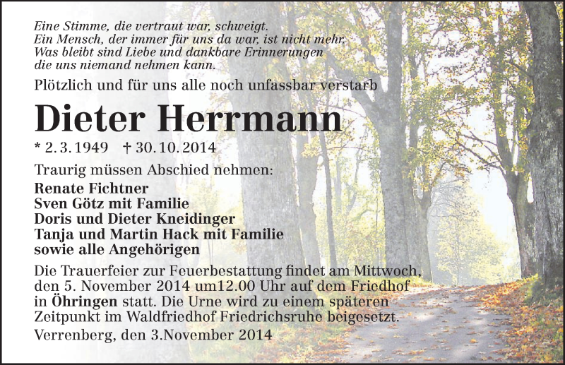  Traueranzeige für Dieter Herrmann vom 03.11.2014 aus 