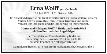 Traueranzeige von Erna Wolff 