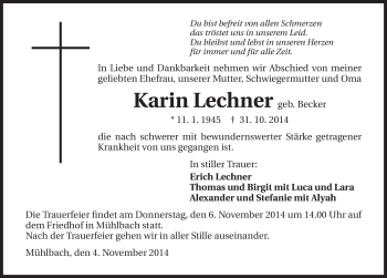 Traueranzeige von Karin Lechner 