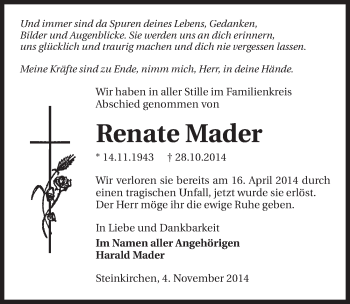 Traueranzeige von Renate Mader 