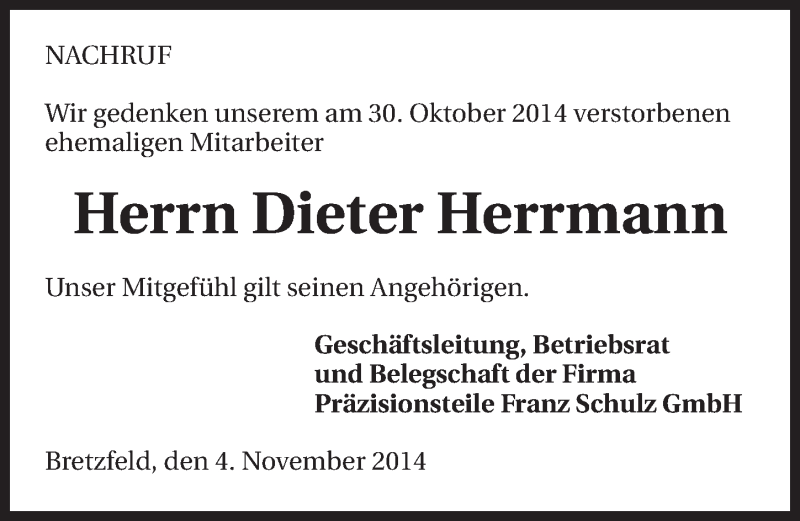  Traueranzeige für Dieter Herrmann vom 04.11.2014 aus 