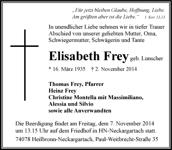 Traueranzeige von Elisabeth Frey 