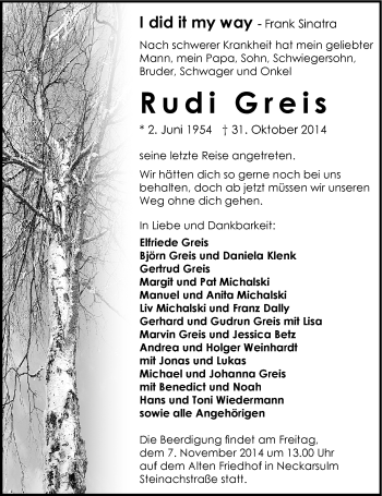 Traueranzeige von Rudi Greis 