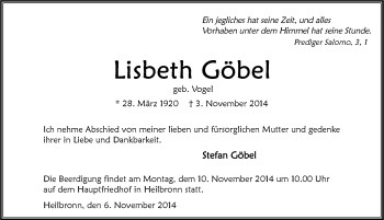 Traueranzeige von Lisbeth Göbel 