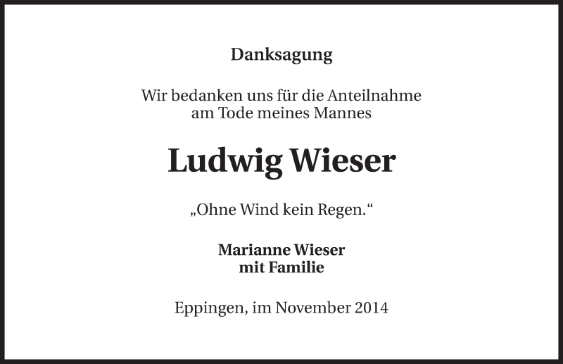  Traueranzeige für Ludwig Wieser vom 20.11.2014 aus 