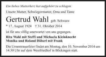 Traueranzeige von Gertrud Wahl 