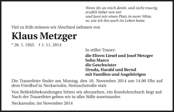 Traueranzeige von Klaus Metzger 