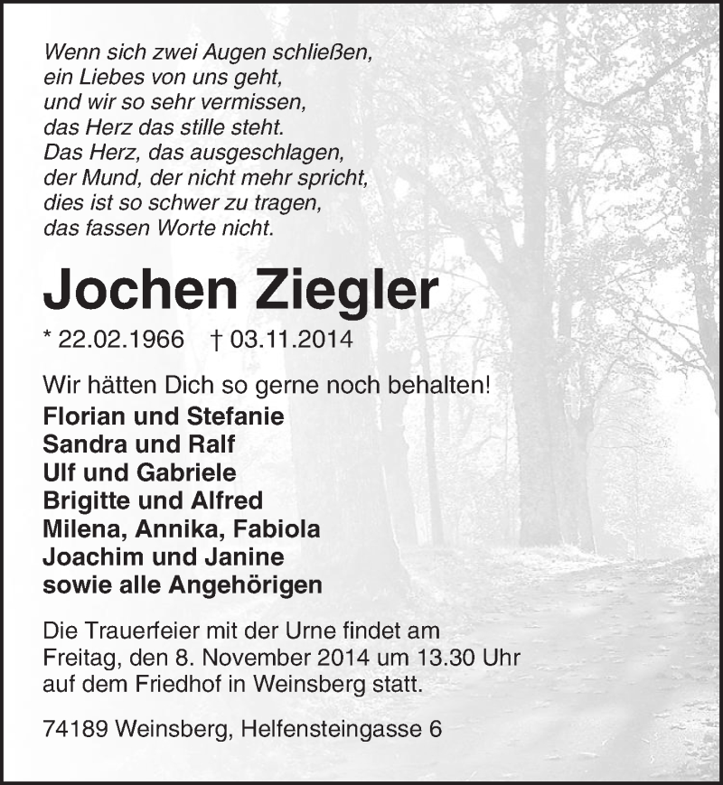  Traueranzeige für Jochen Ziegler vom 05.11.2014 aus 