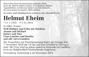Traueranzeige von Helmut Eheim 
