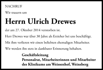 Traueranzeige von Ulrich Drewes 