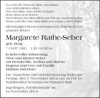 Traueranzeige von Margarete Rathe-Seber 