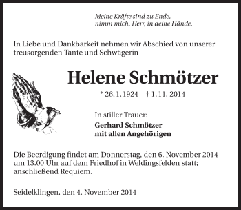 Traueranzeige von Helene Schmötzer 