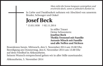 Traueranzeige von Josef Beck 