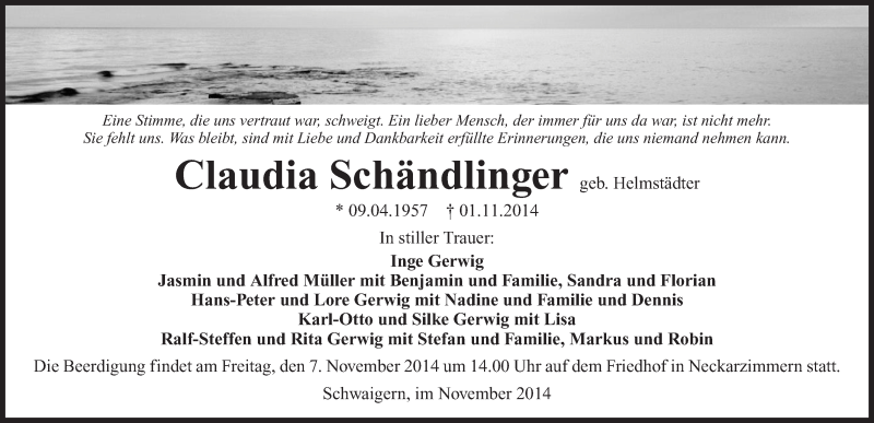  Traueranzeige für Claudia Schändlinger vom 05.11.2014 aus 