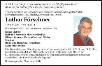 Traueranzeige von Lothar Förschner 