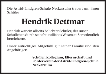 Traueranzeige von Hendrik Dettmar 