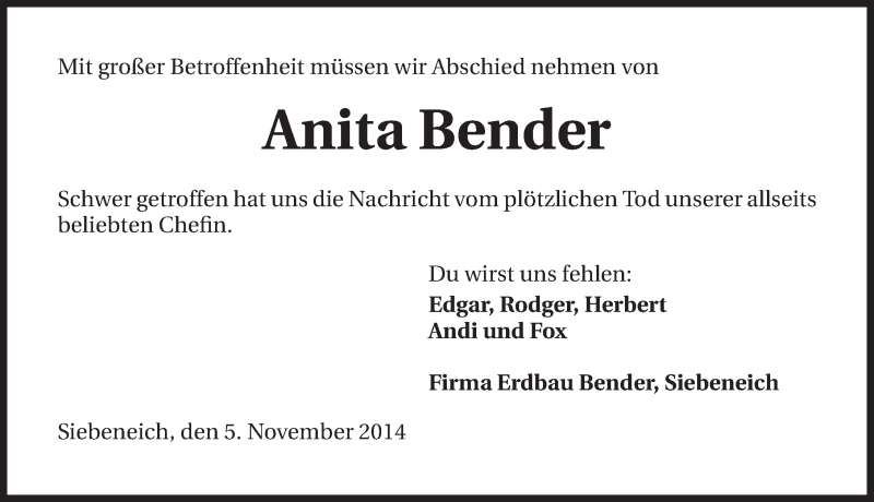  Traueranzeige für Anita Bender vom 05.11.2014 aus 