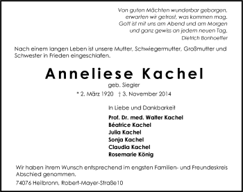 Traueranzeige von Anneliese Kachel 