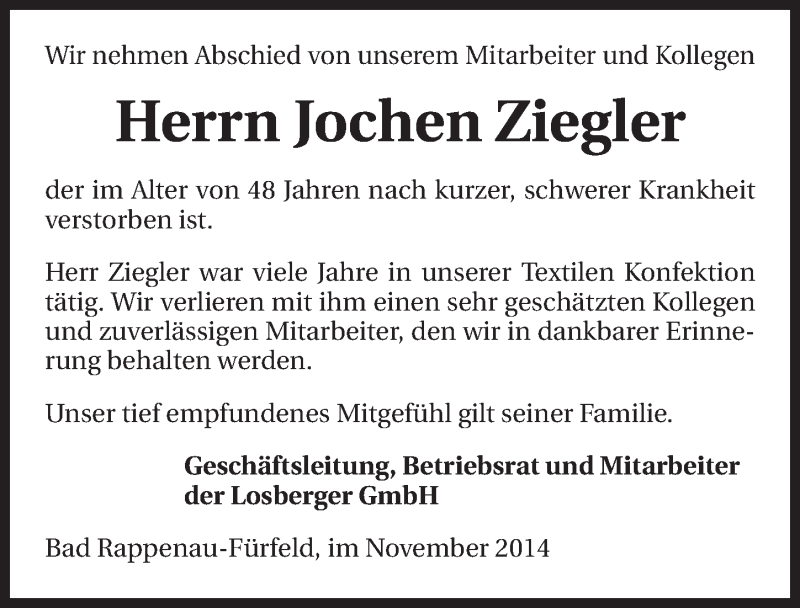  Traueranzeige für Jochen Ziegler vom 06.11.2014 aus 
