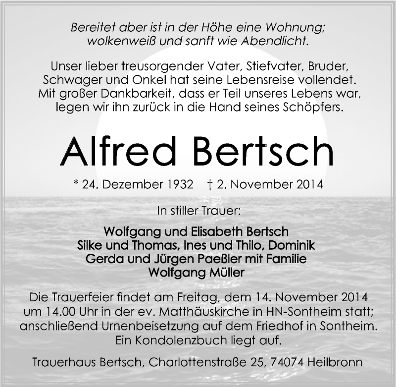  Traueranzeige für Alfred Bertsch vom 08.11.2014 aus 