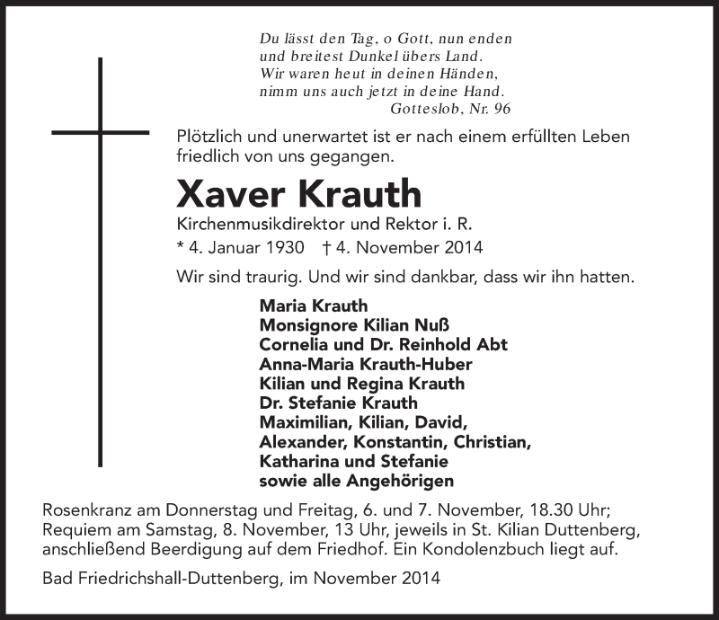  Traueranzeige für Xaver Krauth vom 06.11.2014 aus 