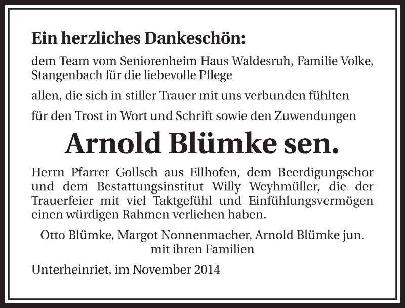  Traueranzeige für Arnold Blümke vom 08.11.2014 aus 