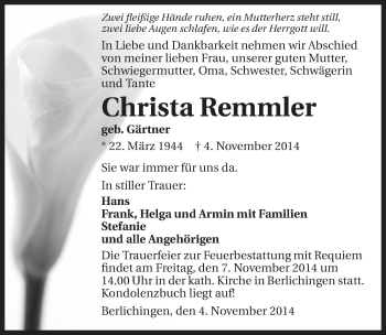 Traueranzeige von Christa Remmler 