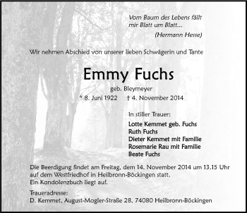 Traueranzeige von Emmy Fuchs 