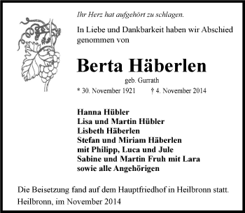 Traueranzeige von Berta Häberlen 