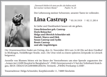 Traueranzeige von Lina Castrup 