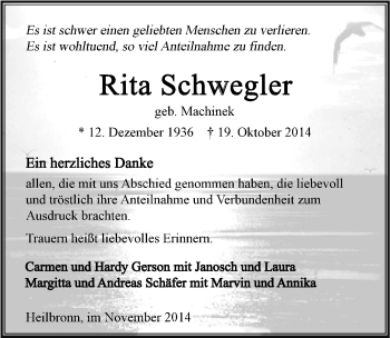 Traueranzeige von Rita Schwegler 