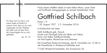 Traueranzeige von Gottfried Schilbach 
