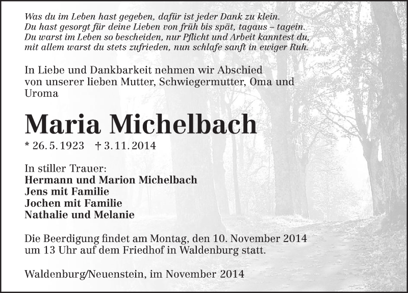  Traueranzeige für Maria Michelbach vom 07.11.2014 aus 