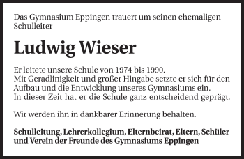 Traueranzeige von Ludwig Wieser 