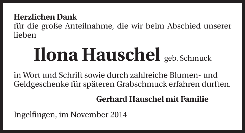  Traueranzeige für Ilona Hauschel vom 08.11.2014 aus 