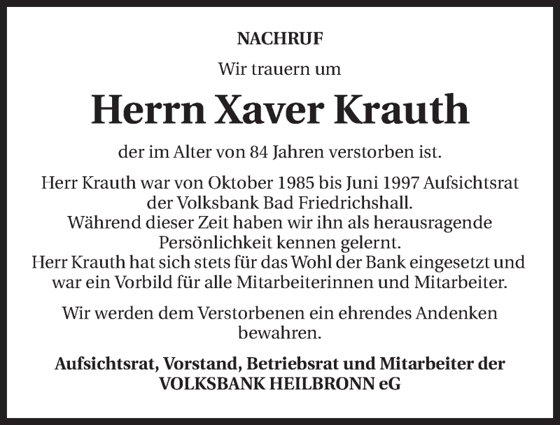  Traueranzeige für Xaver Krauth vom 08.11.2014 aus 