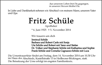 Traueranzeige von Fritz Schüle 