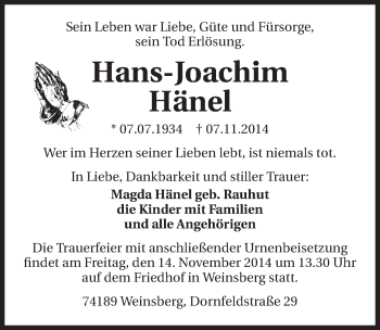 Traueranzeige von Hans-Joachim Hänel 