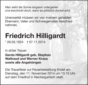 Traueranzeige von Friedrich Hilligardt 
