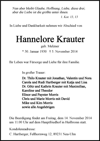 Traueranzeige von Hannelore Krauter 