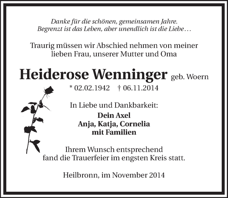 Traueranzeige für Heiderose Wenninger vom 15.11.2014 aus 