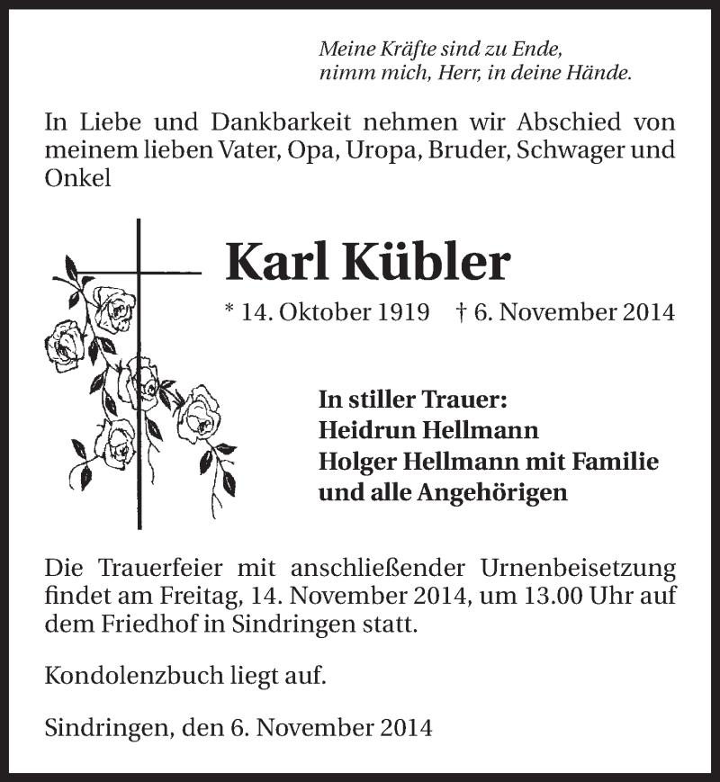  Traueranzeige für Karl Kübler vom 12.11.2014 aus 