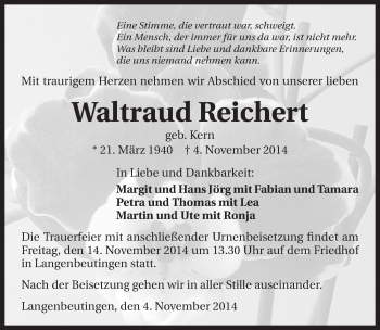 Traueranzeige von Waltraud Reichert 