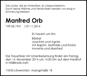 Traueranzeige von Manfred Orb 