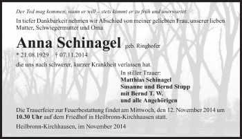 Traueranzeige von Anna Schinagel 