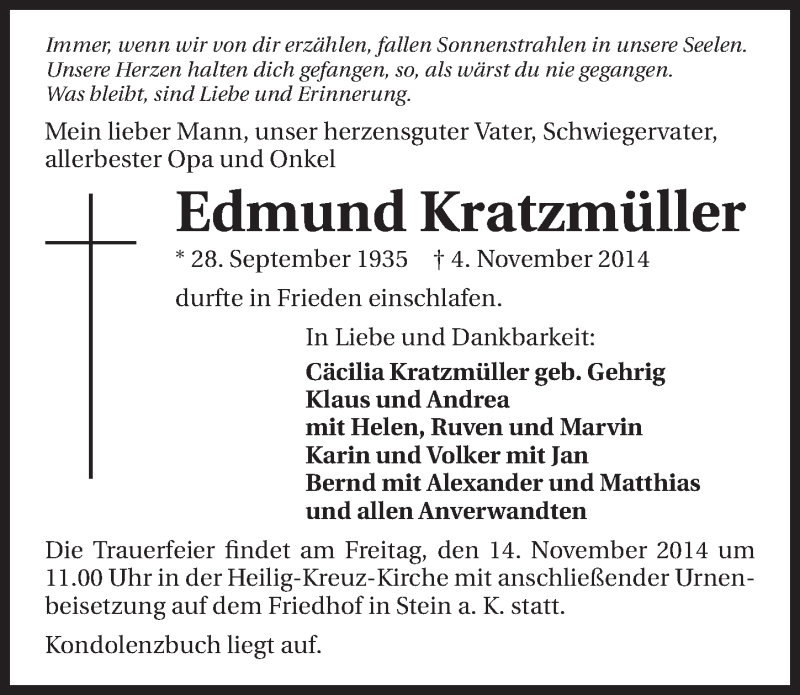  Traueranzeige für Edmund Kratzmüller vom 12.11.2014 aus 