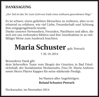 Traueranzeige von Maria Schuster 