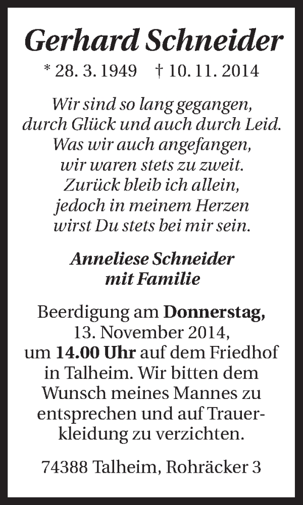  Traueranzeige für Gerhard Schneider vom 11.11.2014 aus 