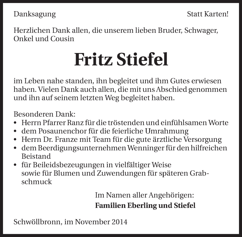  Traueranzeige für Fritz Stiefel vom 12.11.2014 aus 