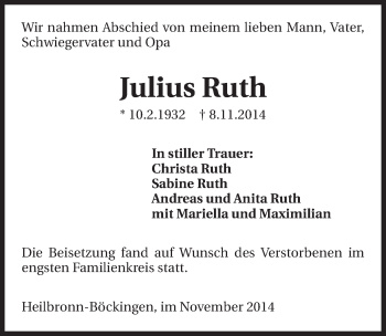 Traueranzeige von Julius Ruth 
